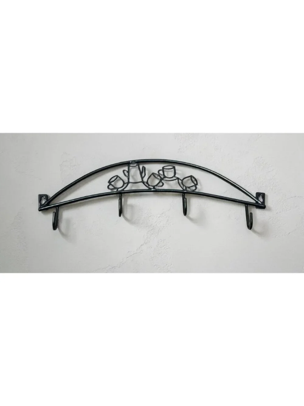 Black Metal Wall-Mounted Coffee-Themed Hook Rack With 4 Hooks